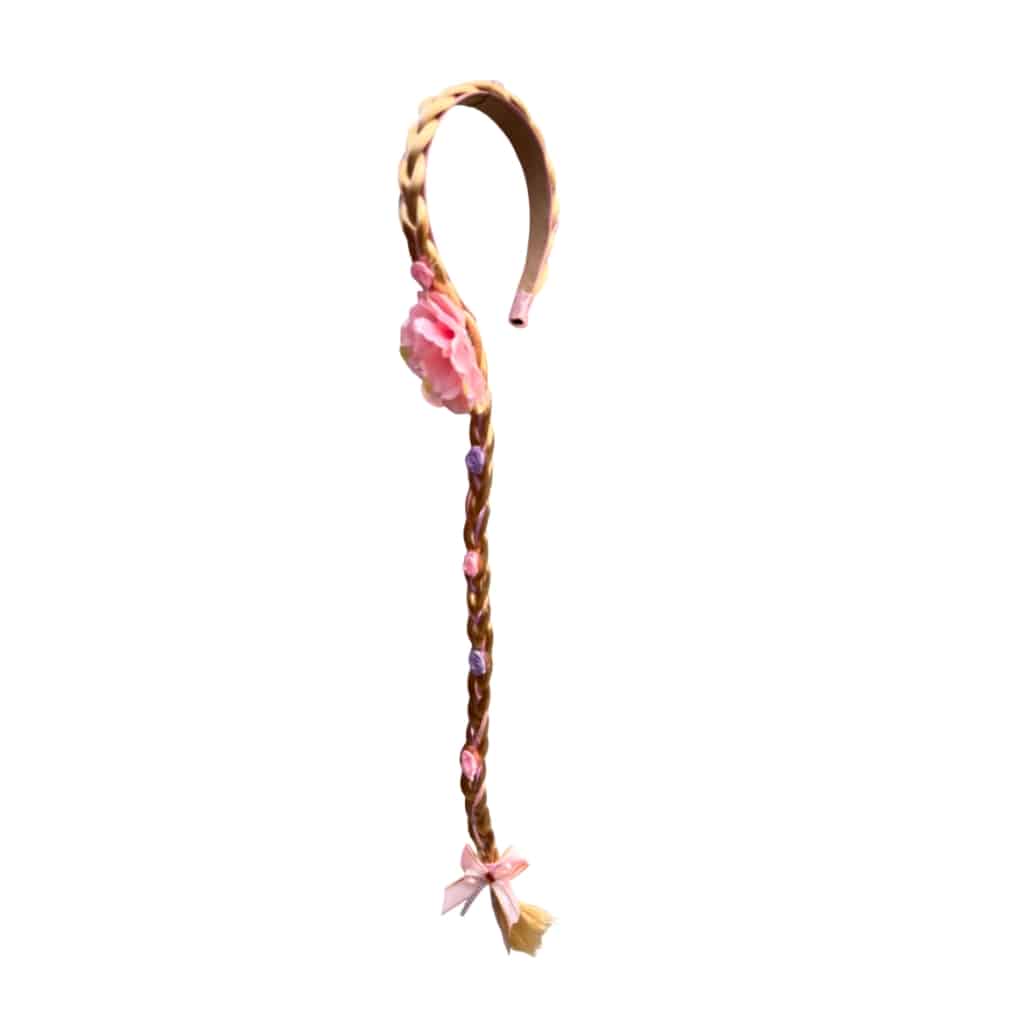 Rapunzel haarvlecht van Het Betere Merk met bruine haarband, roze bloem, kleine paarse roosjes en roze strik