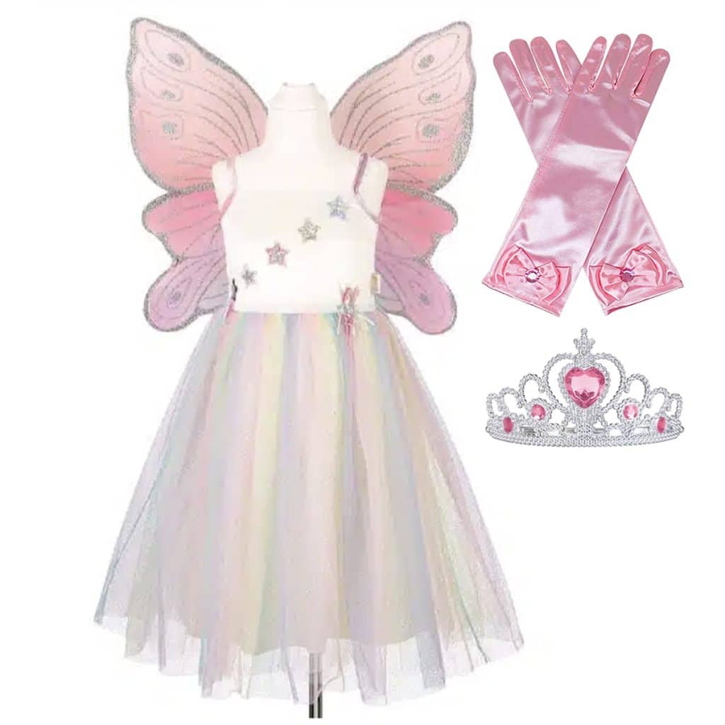 Pastelkleurige prinsessenjurk Louanne met regenboogrok, roze vleugels, handschoenen en kroon.
