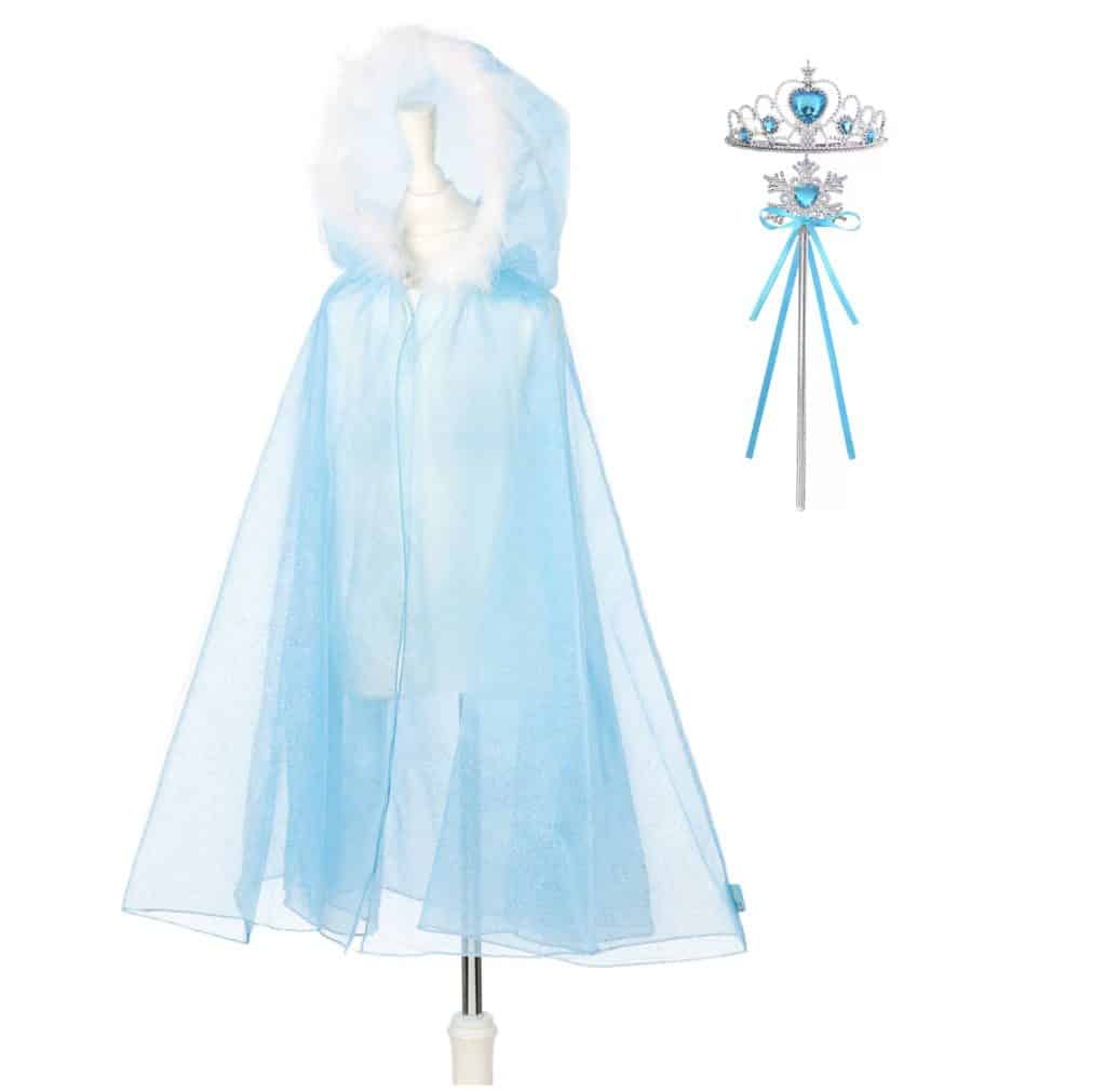Lichtblauwe Frozen cape met vaste kap op een standaard, met bijpassende kroon en ijsstertoverstaf