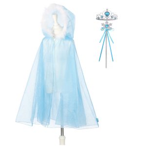 Lichtblauwe Frozen cape met vaste kap op een standaard, met bijpassende kroon en ijsstertoverstaf