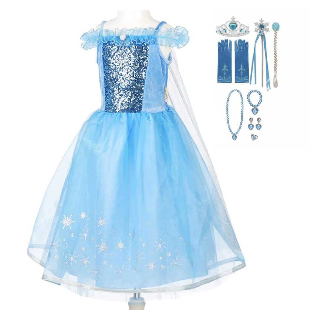Blauwe ijskoningin jurk met paillettenlijfje, tule rok en losse kroon, handschoenen, toverstaf en sieraden.