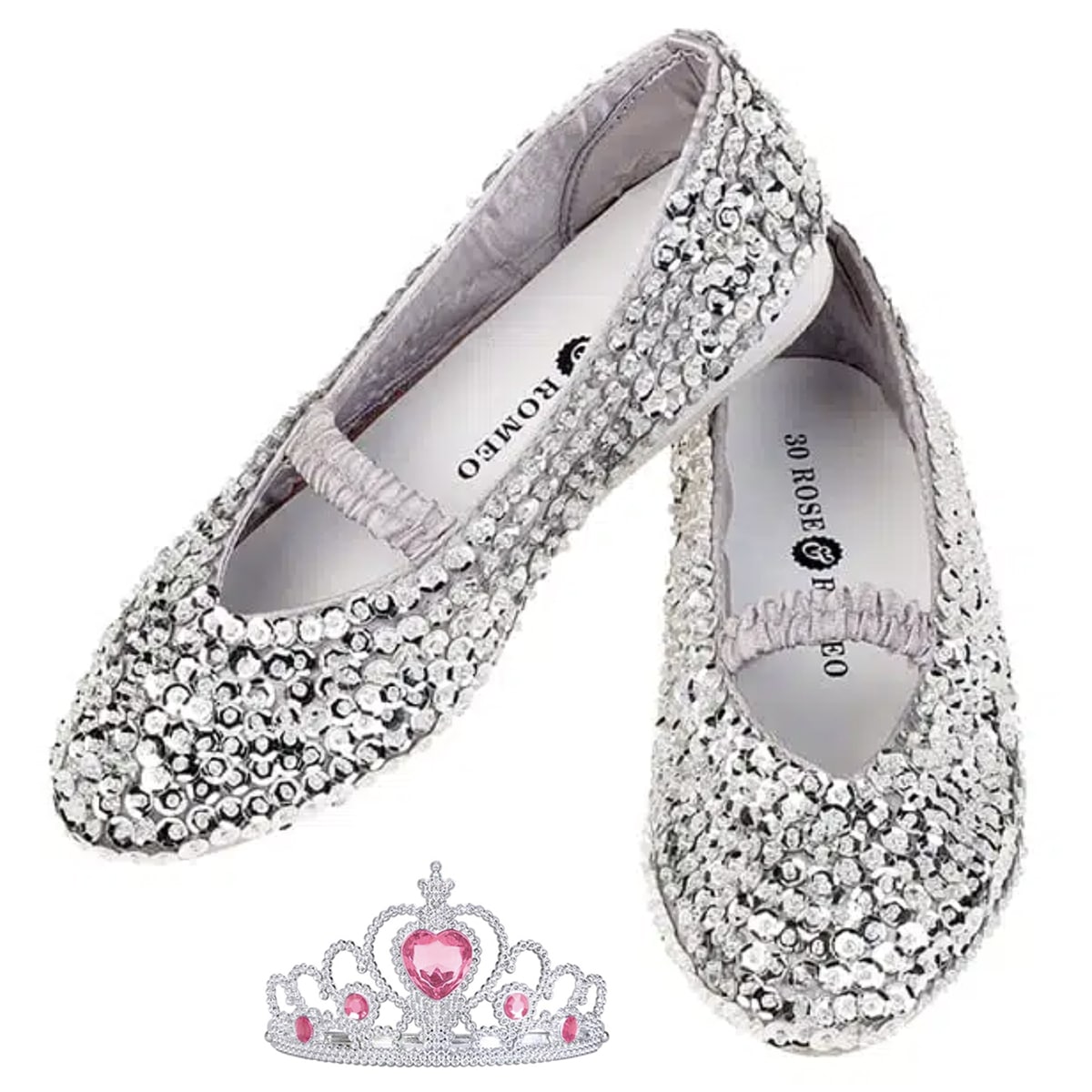 Zilveren ballerina schoenen met pailletten en wreefbandje, met een zilveren prinsessenkroon ervoor