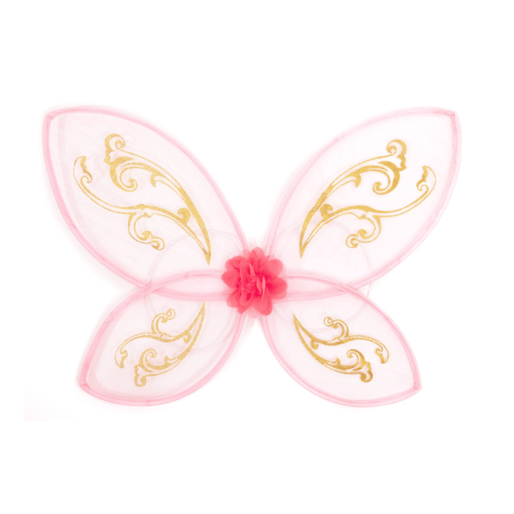 Roze vlinder vleugels met gouden siermotieven en een rode bloem in het midden