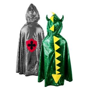 Omkeerbare draken-ridder cape met masker, met een glanzend groene drakenkant en zilverkleurige ridderkant