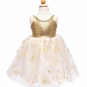 Witte Golden Glam prinsessenjurk van Great Pretenders op een paspop, met gouden paillettenlijfje en sterren op de rok