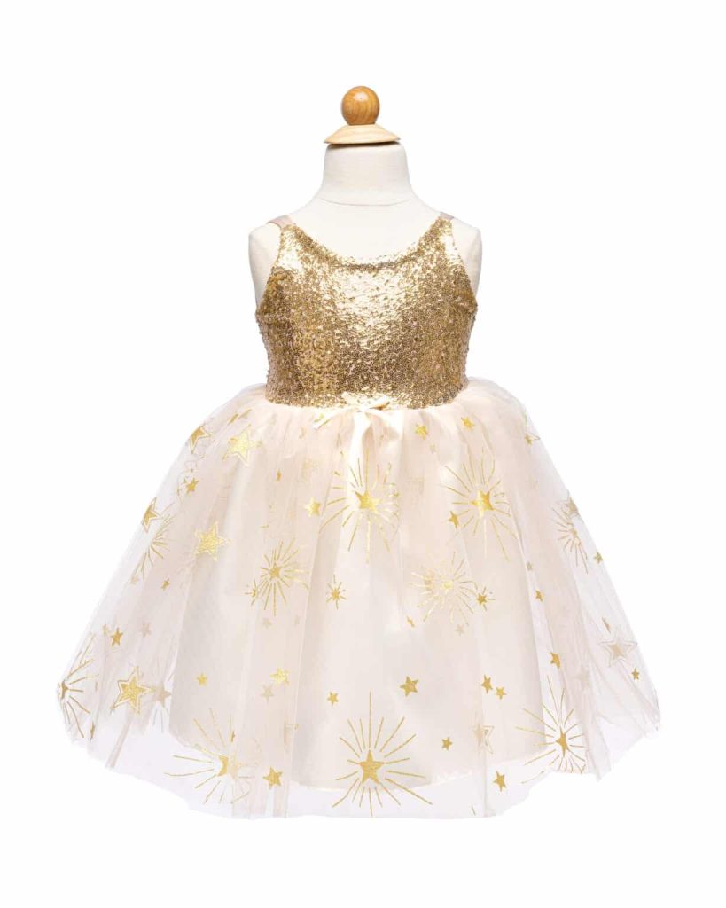 Witte Golden Glam prinsessenjurk van Great Pretenders op een paspop, met gouden paillettenlijfje en sterren op de rok