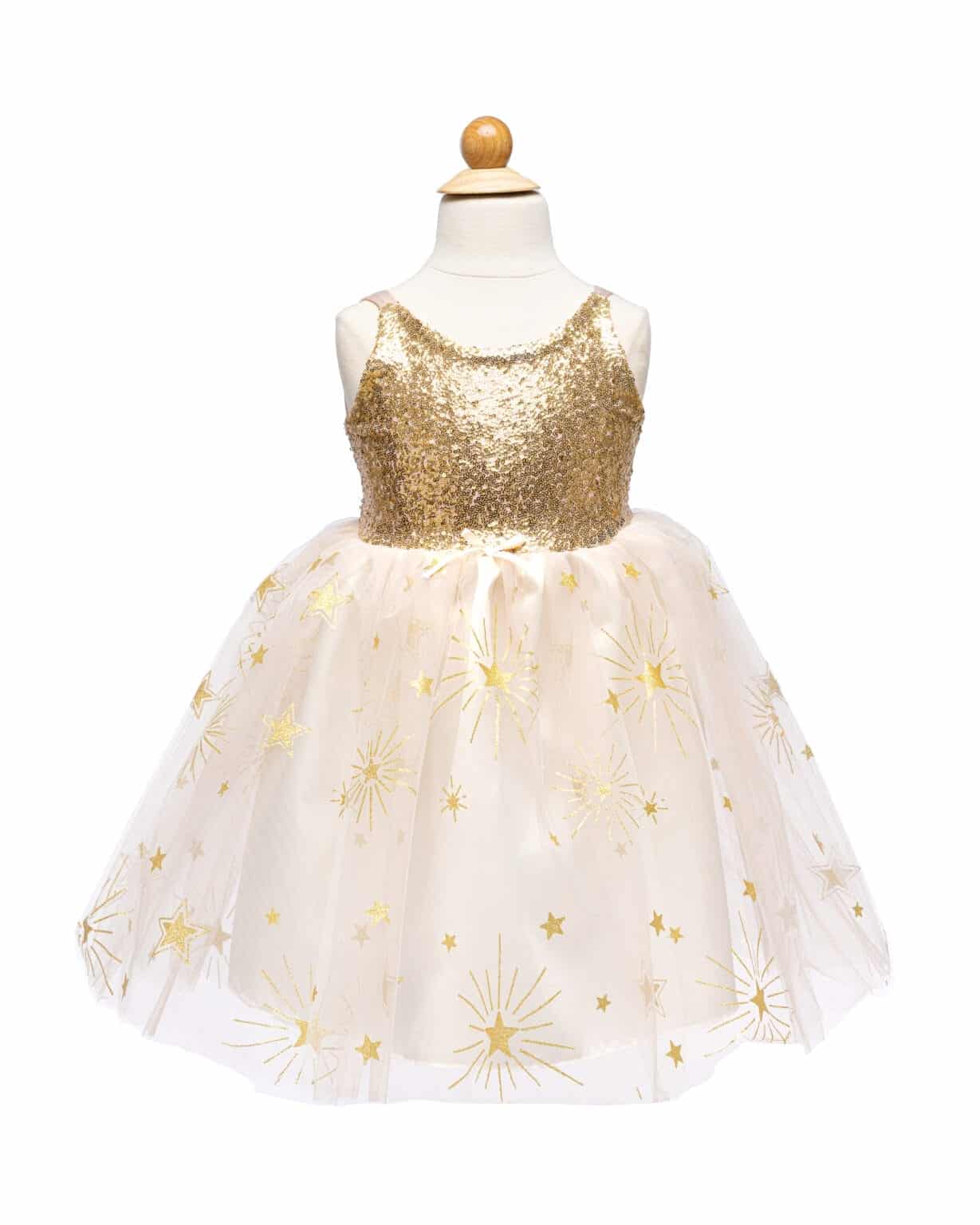 Witte Golden Glam prinsessenjurk van Great Pretenders op een paspop, met gouden paillettenlijfje en sterren op de rok