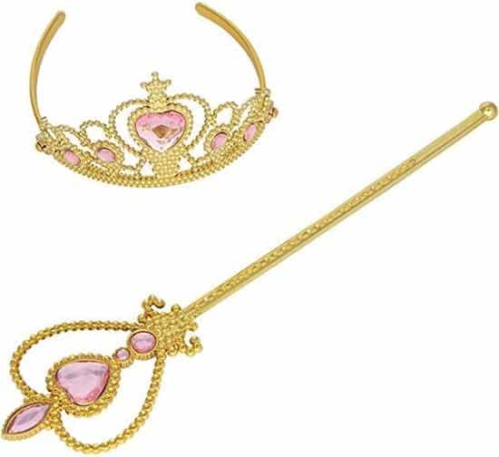 Gouden tiara en toverstaf met roze hartjes uit de accessoires bij slippers Ophelie