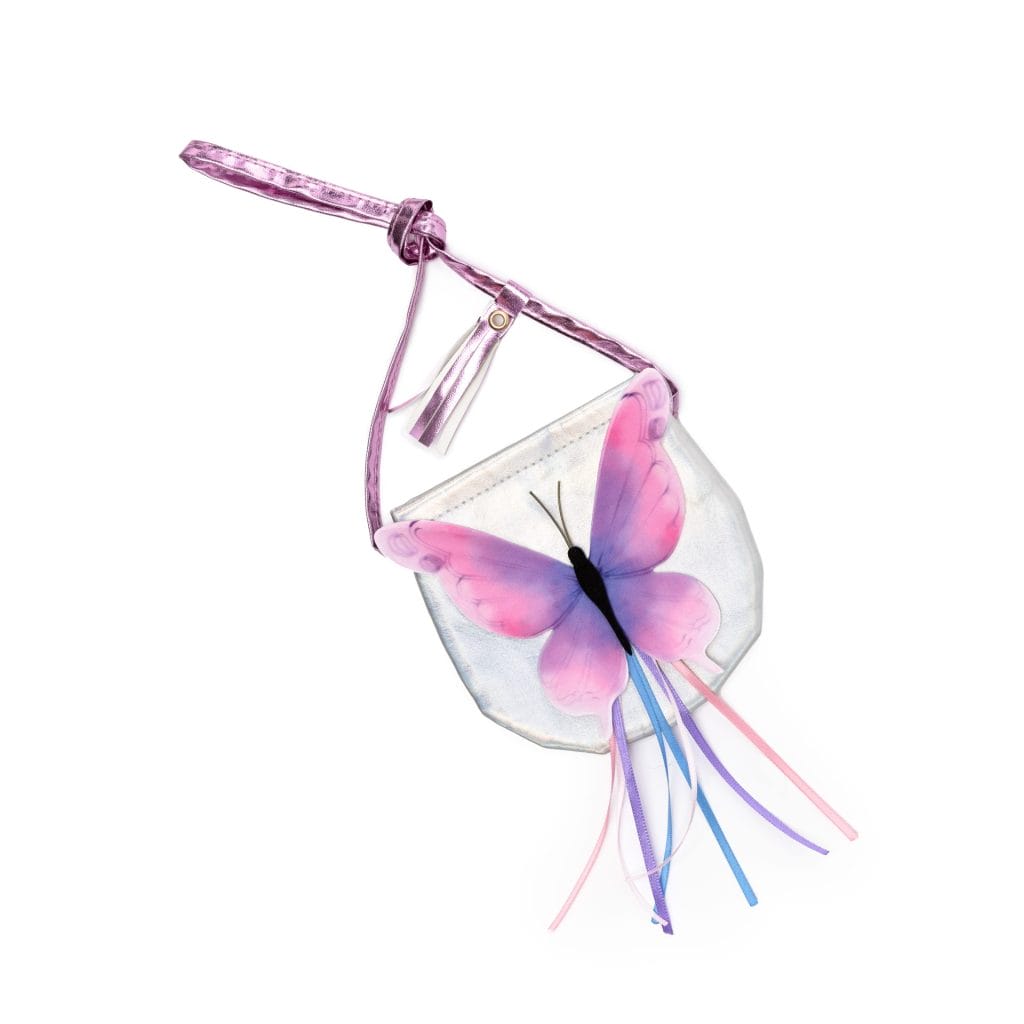 Zilverkleurige tas met vlinders, een schoudertas met roze vlinderapplicatie en kleurrijke linten
