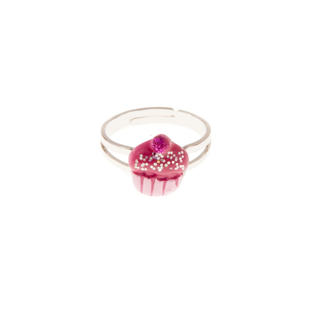 Roze cupcakering met glinsterende versiering en verstelbare zilverkleurige band
