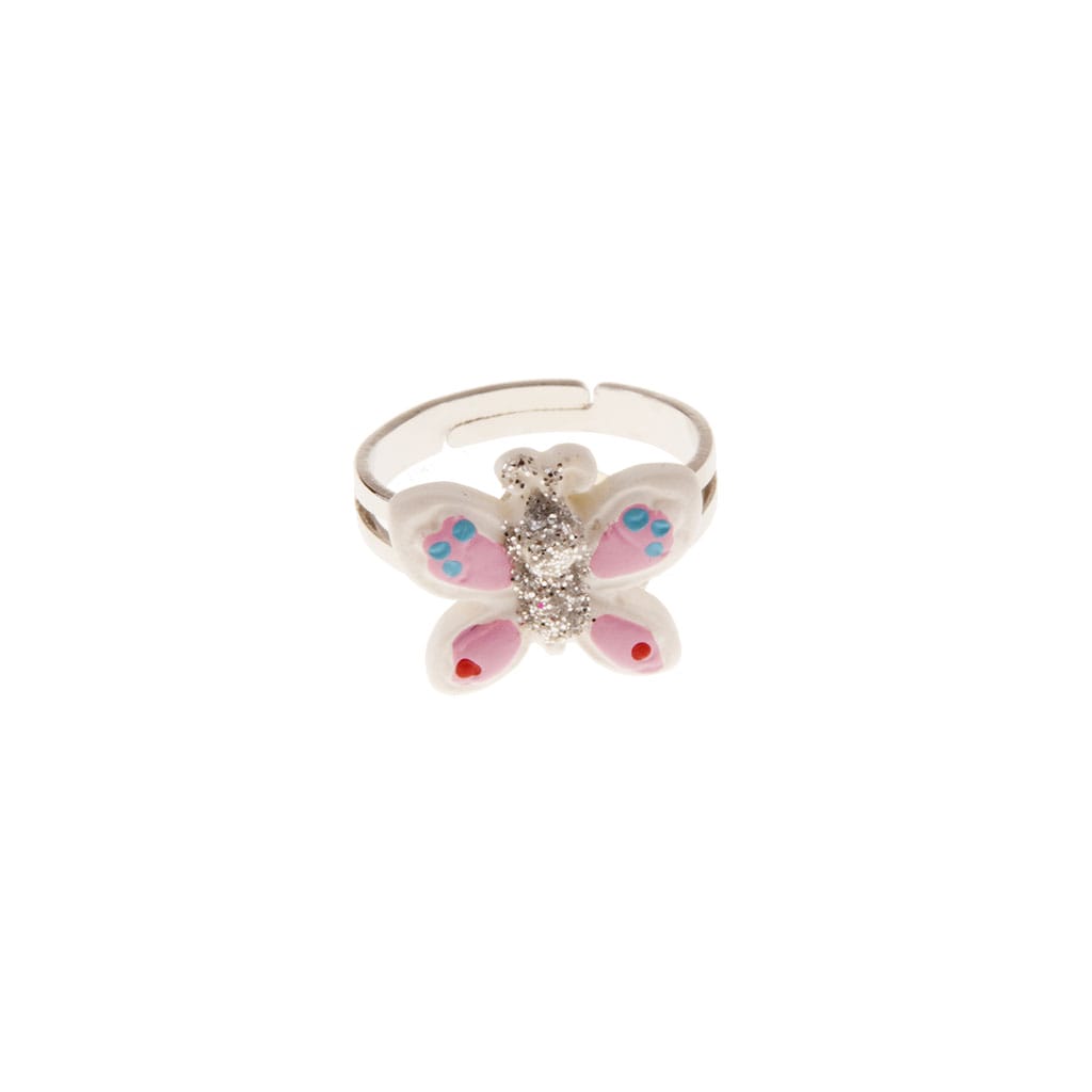 Vlinderring met roze vleugels, blauwe en rode stippen en een sprankelend zilverkleurig lijfje op een verstelbare band