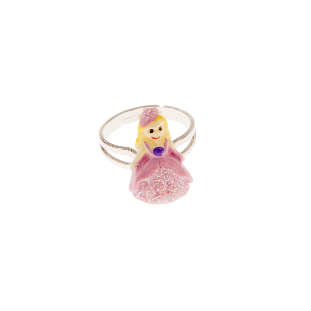 Roze prinsessenring met een sprankelende prinses in paarse en roze jurk, verstelbare zilverkleurige band