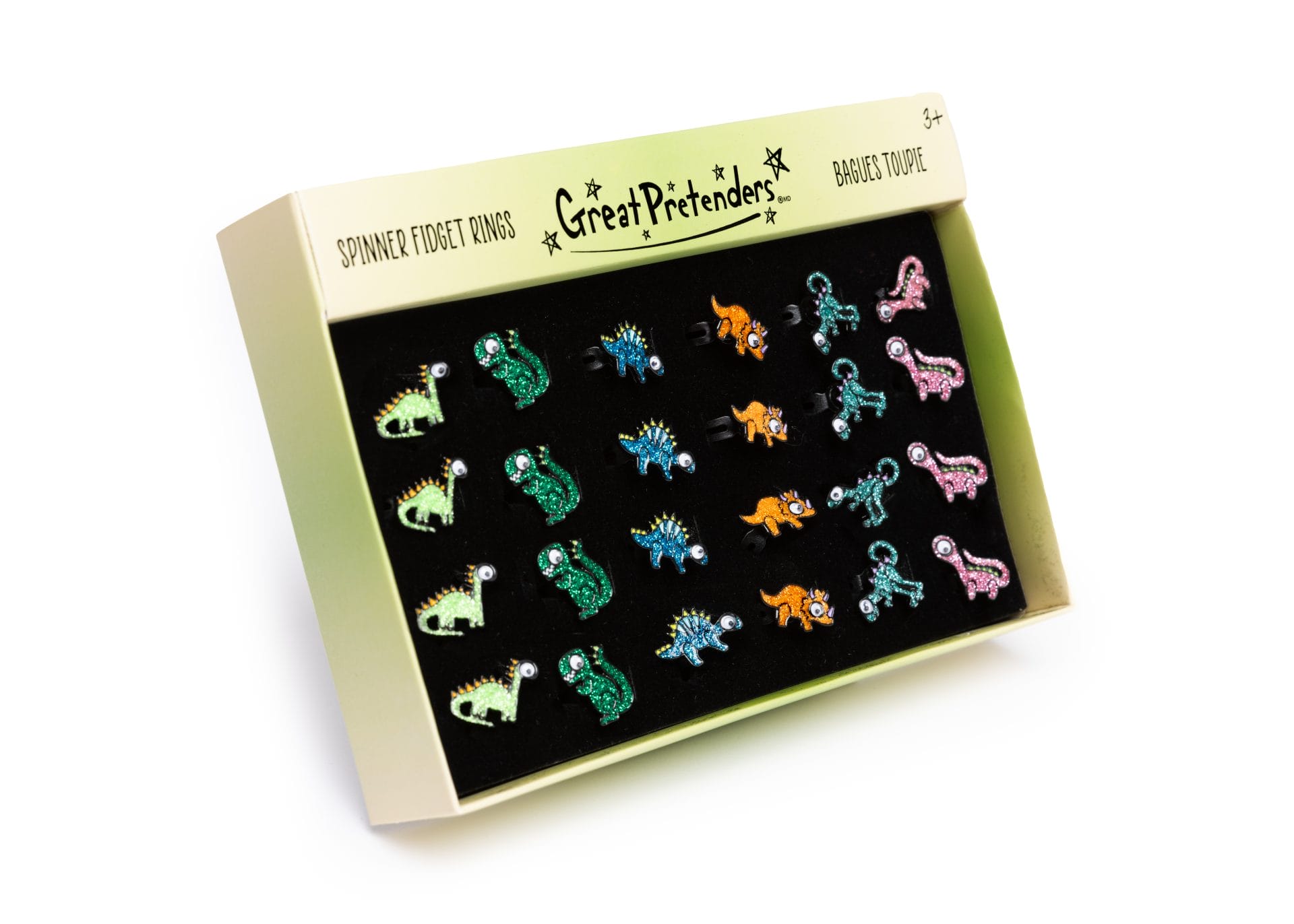 Displaydoos met zes soorten spinner ring-dinosaurusringen van Great Pretenders in groen, blauw, oranje en roze