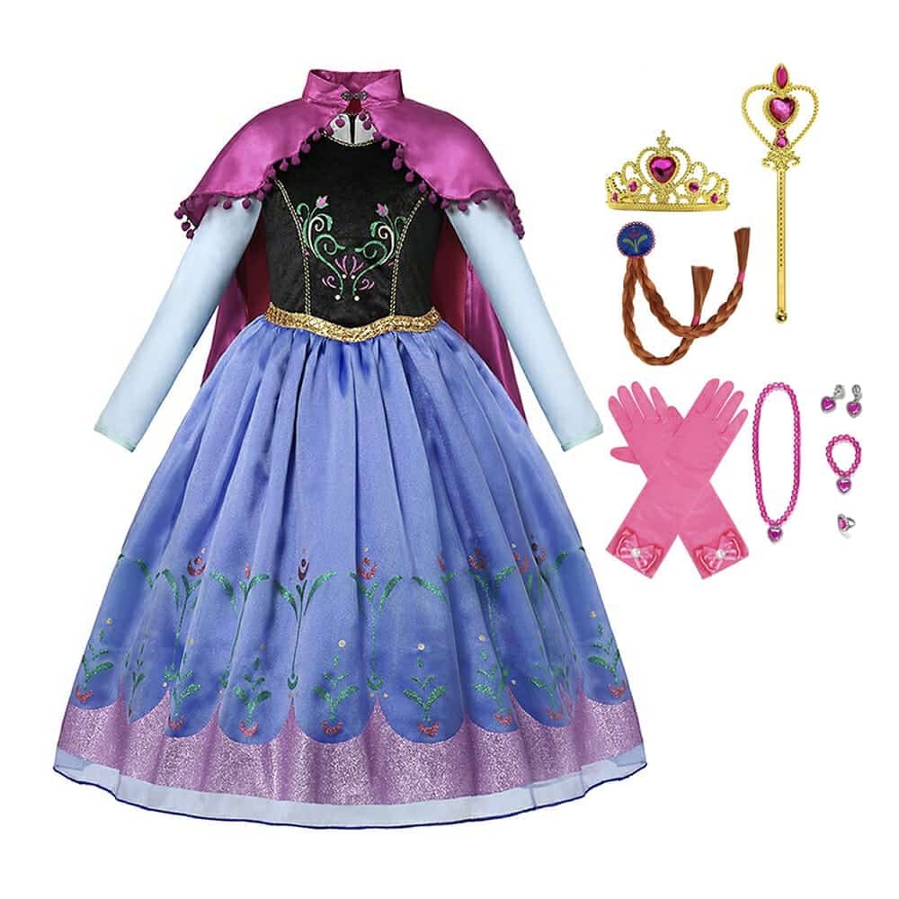 Frozen Anna jurk met roze cape, blauwe rok en bijpassende accessoires zoals kroon, vlechtjes, handschoenen, juwelen en toverstaf