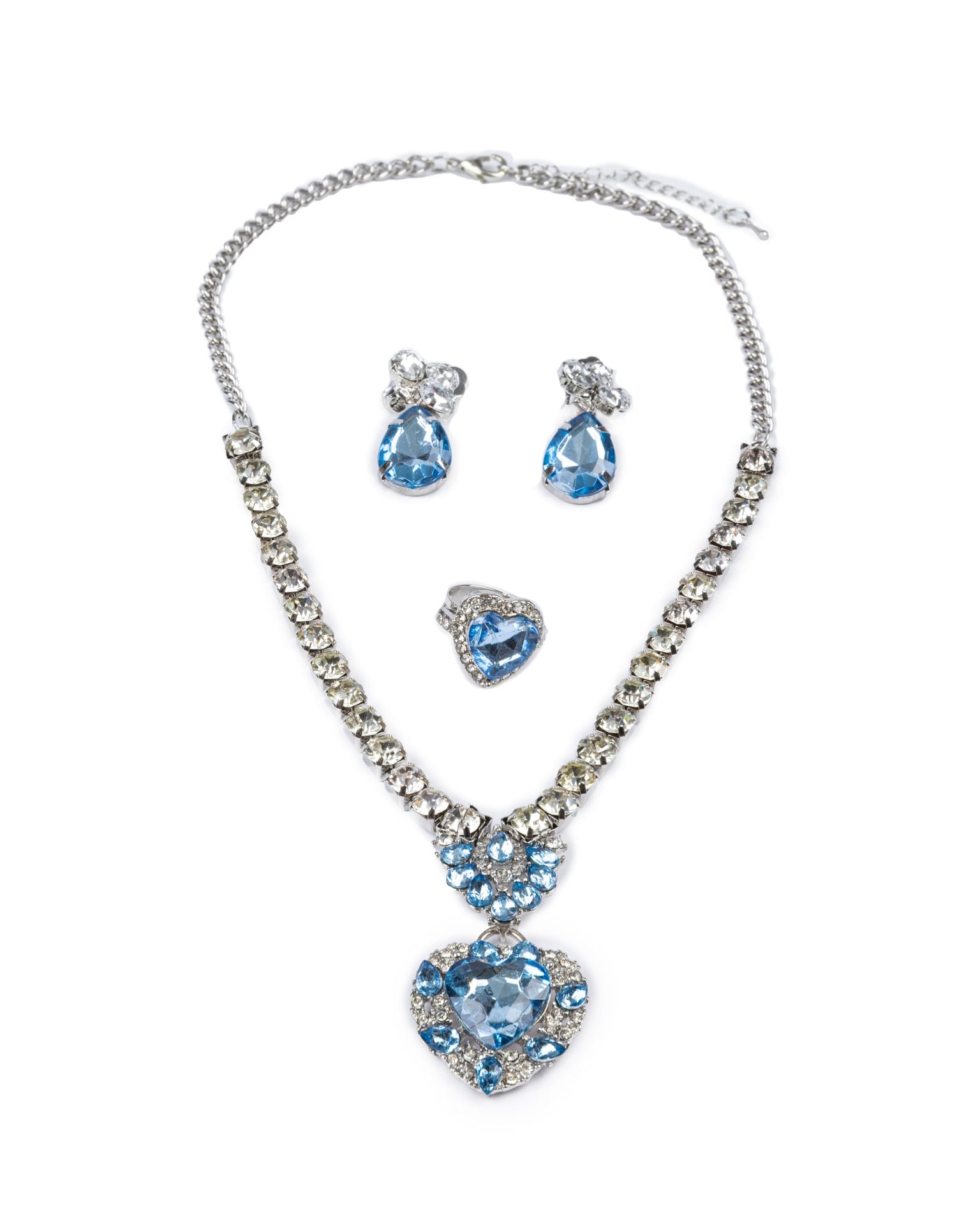 Ketting set met zilverkleurige ketting, blauwe hartvormige hanger, ring en bijpassende oorbellen uit een 4-delige giftset