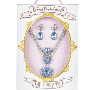 Sieraden geschenksets: 4-delige giftset in verpakking met zilverkleurige ketting, blauwe hanger en oorbellen.