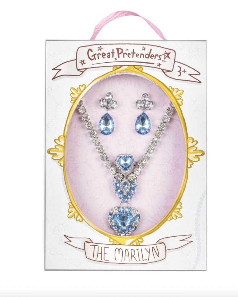 Sieraden geschenksets: 4-delige giftset in verpakking met zilverkleurige ketting, blauwe hanger en oorbellen.