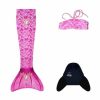 Roze 3-delige zeemeerminstaartset met zeemeermin bikini top en zwarte monovin, los naast elkaar afgebeeld.