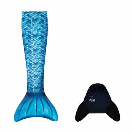 Blauwe zeemeermin staart met monovin van Kuaki Mermaids, los naast elkaar platgelegd als tweedelige set