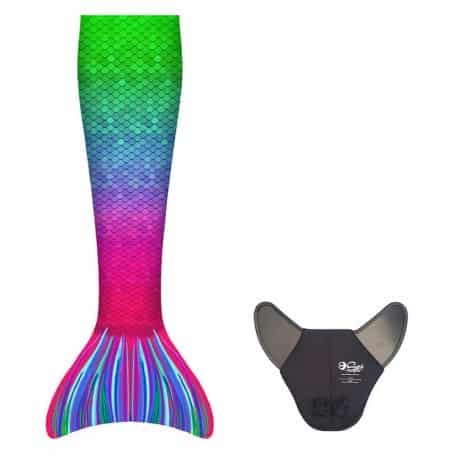 Kuaki Mermaids zeemeerminstaart met monovin in regenboogkleuren, met schubbenpatroon en zwarte monovin naast de staart