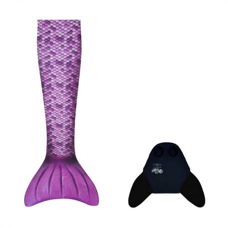 Zeemeerminstaart paars met losse zwarte monofin van Kuaki Mermaids, samen afgebeeld als tweedelige set.