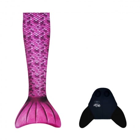 Roze zeemeerminstaart met glanzend schubbenpatroon en losse zwarte monovin van Kuaki Mermaids