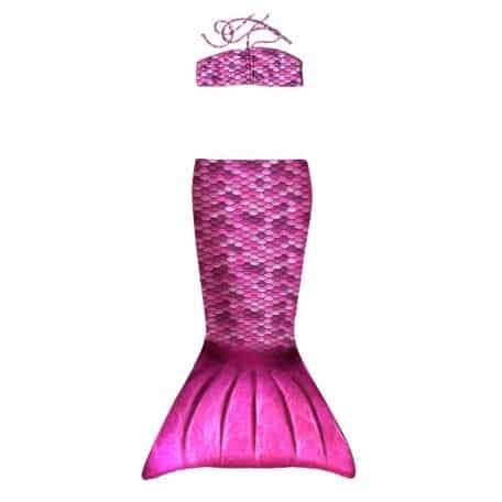 Zeemeerminstaart roze met bijpassende bikinitop van Kuaki Mermaids, los naast elkaar gelegd; de staart heeft een brede vin.