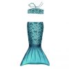 Turquoise zeemeerminstaart met bijpassende bikinitop van Kuaki Mermaids, plat gelegd met schubbenprint en brede vin