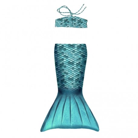Turquoise zeemeerminstaart met bijpassende bikinitop van Kuaki Mermaids, plat gelegd met schubbenprint en brede vin