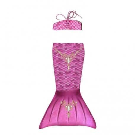 Roze zeemeerminstaart met bijpassende bikinitop van Kuaki Mermaids, plat gelegd met gouden versieringen