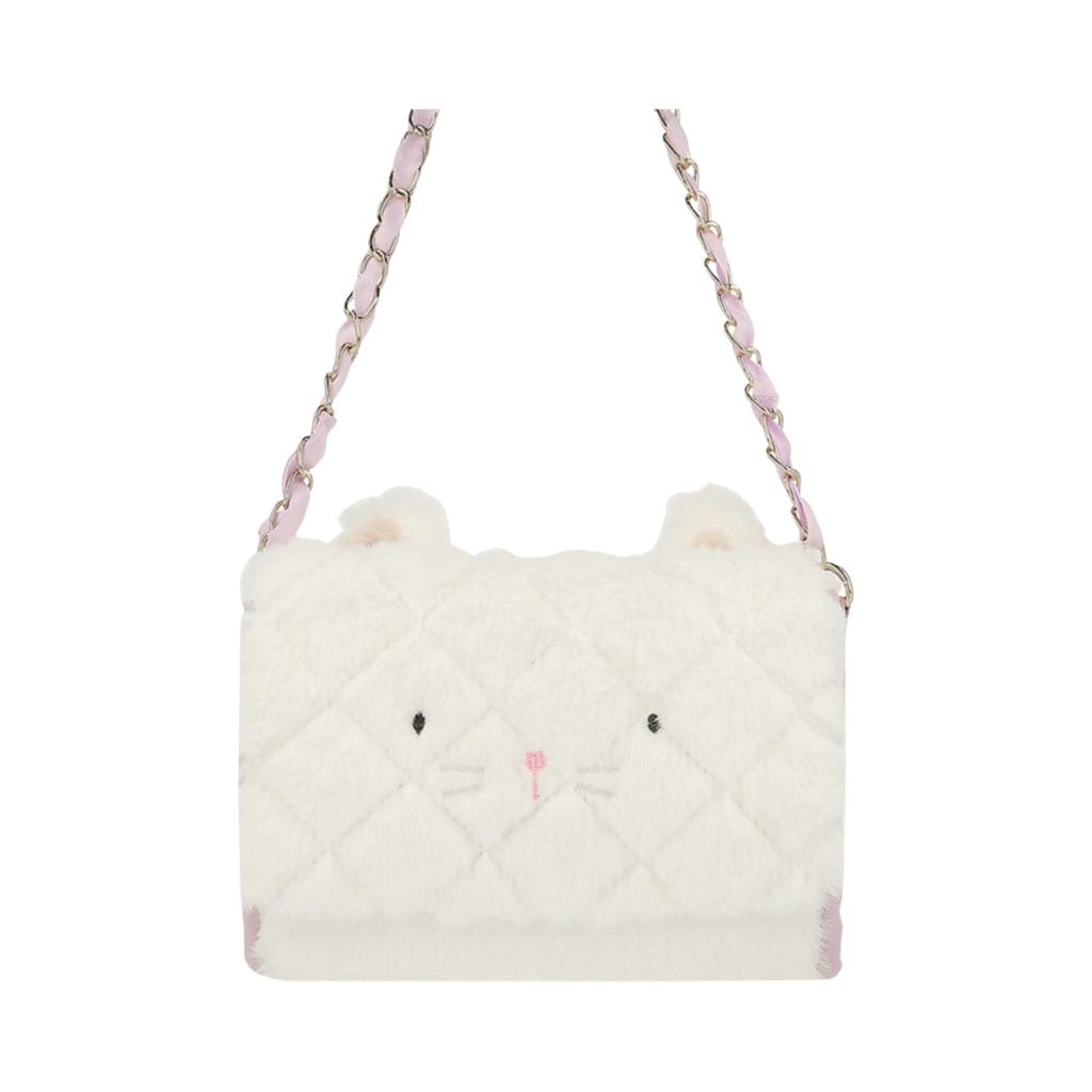 Witte pluche tas van Meri Meri in de vorm van een kattengezicht, met roze kettingriem, oortjes en geborduurde snuit