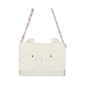 Witte pluche tas van Meri Meri in de vorm van een kattengezicht, met roze kettingriem, oortjes en geborduurde snuit