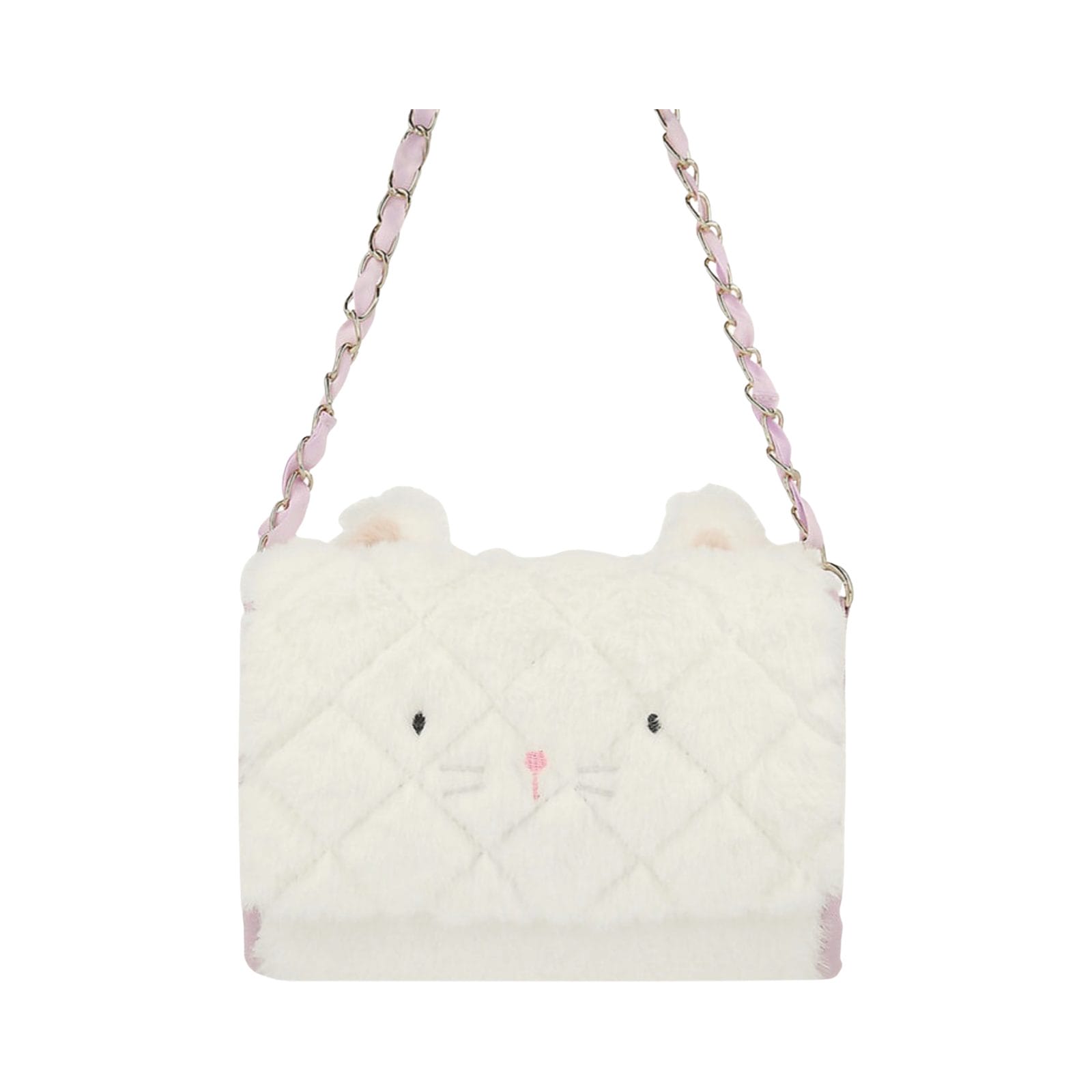 Witte pluche tas van Meri Meri in de vorm van een kattengezicht, met roze kettingriem, oortjes en geborduurde snuit