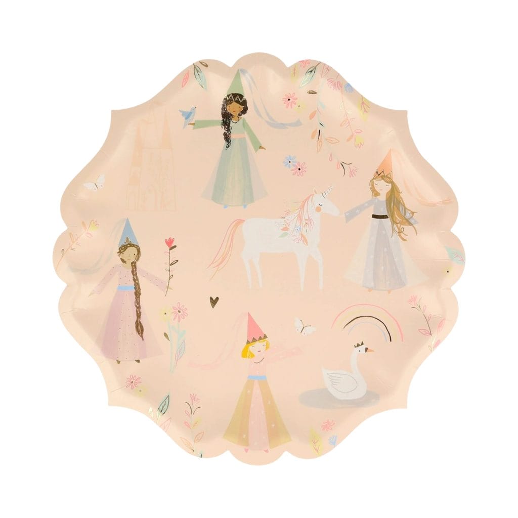 Roze Magical Princess prinsessenbordje met drie prinsessen, eenhoorn, zwaan en bloemenillustraties