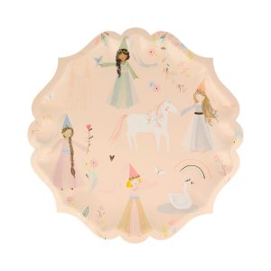 Roze Magical Princess prinsessenbordje met drie prinsessen, eenhoorn, zwaan en bloemenillustraties