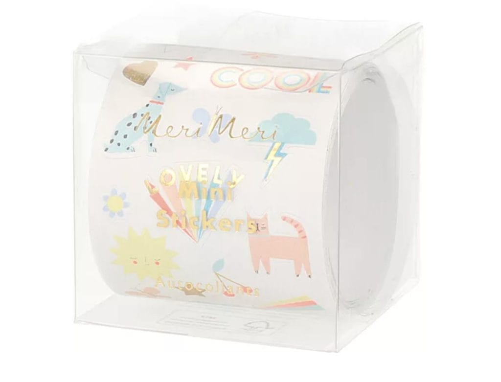Verpakking met 500 Meri Meri stickers met kleurrijke prinsessen, dieren en goudfolieversieringen