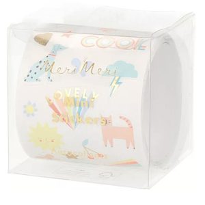 Verpakking met 500 Meri Meri stickers met kleurrijke prinsessen, dieren en goudfolieversieringen