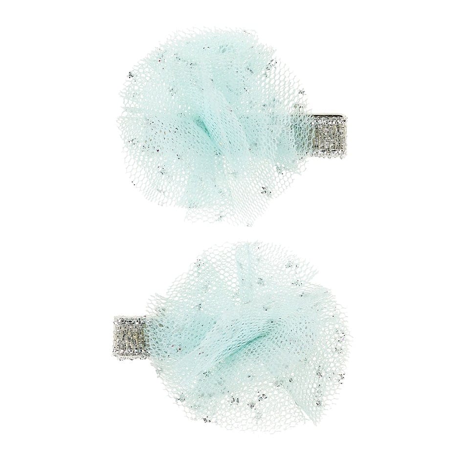 Twee Souza haarclips Lauren als prinsessen accessoires, van mintgroene tule met zilveren glitters en metalen klemmen.
