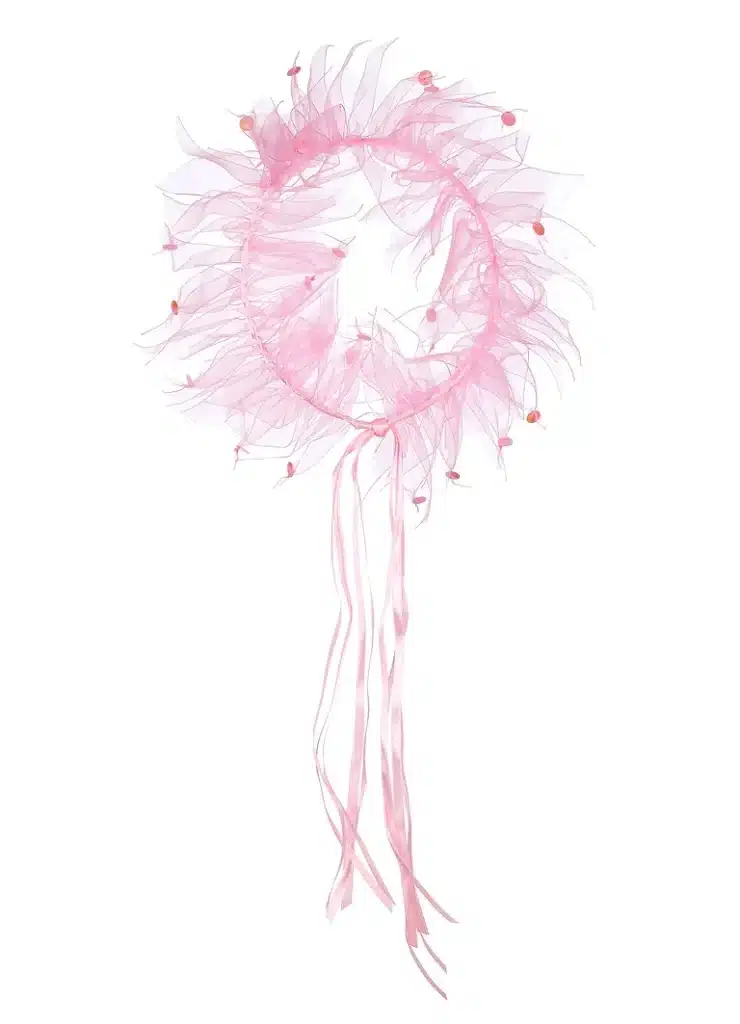 Roze haarband Halo van Souza! met sierlijke tule slierten en kleine gekleurde bolletjes, los afgebeeld op een witte achtergrond.