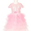 Roze prinsessenjurk Garance van Souza! op een paspop, met pailletten op het lijfje, tule mouwen en een gelaagde rok