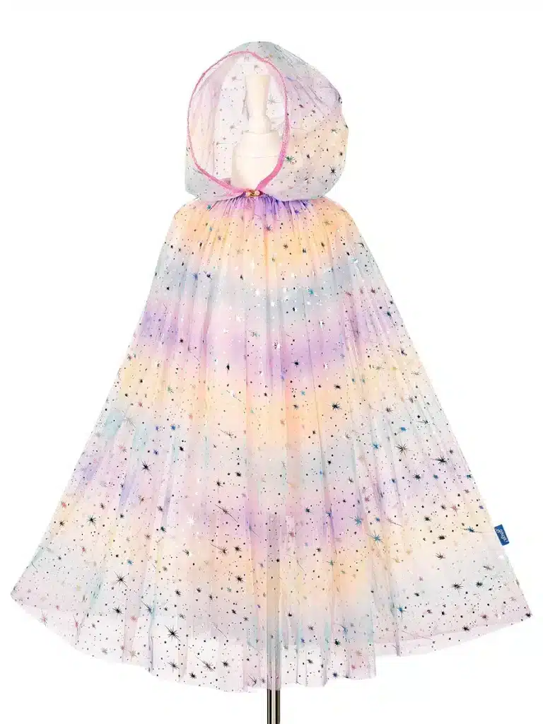 Souza! roze cape Julyanna met capuchon, pastelkleuren en glinsterende sterren, uitgestald op een paspop