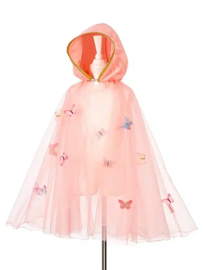 Roze cape met capuchon en geborduurde vlinders van Souza!, vrij hangend tegen een witte achtergrond