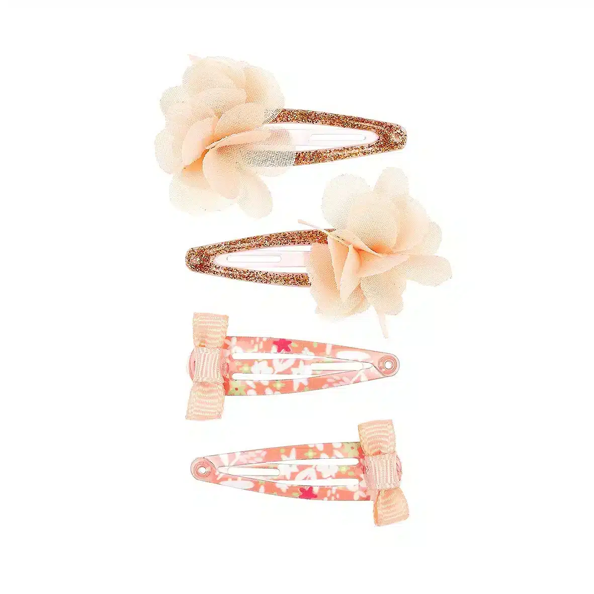 Vier gouden haarclips Avia met grote bloemen en roze clips met strikjes, liggend naast elkaar op een witte achtergrond.