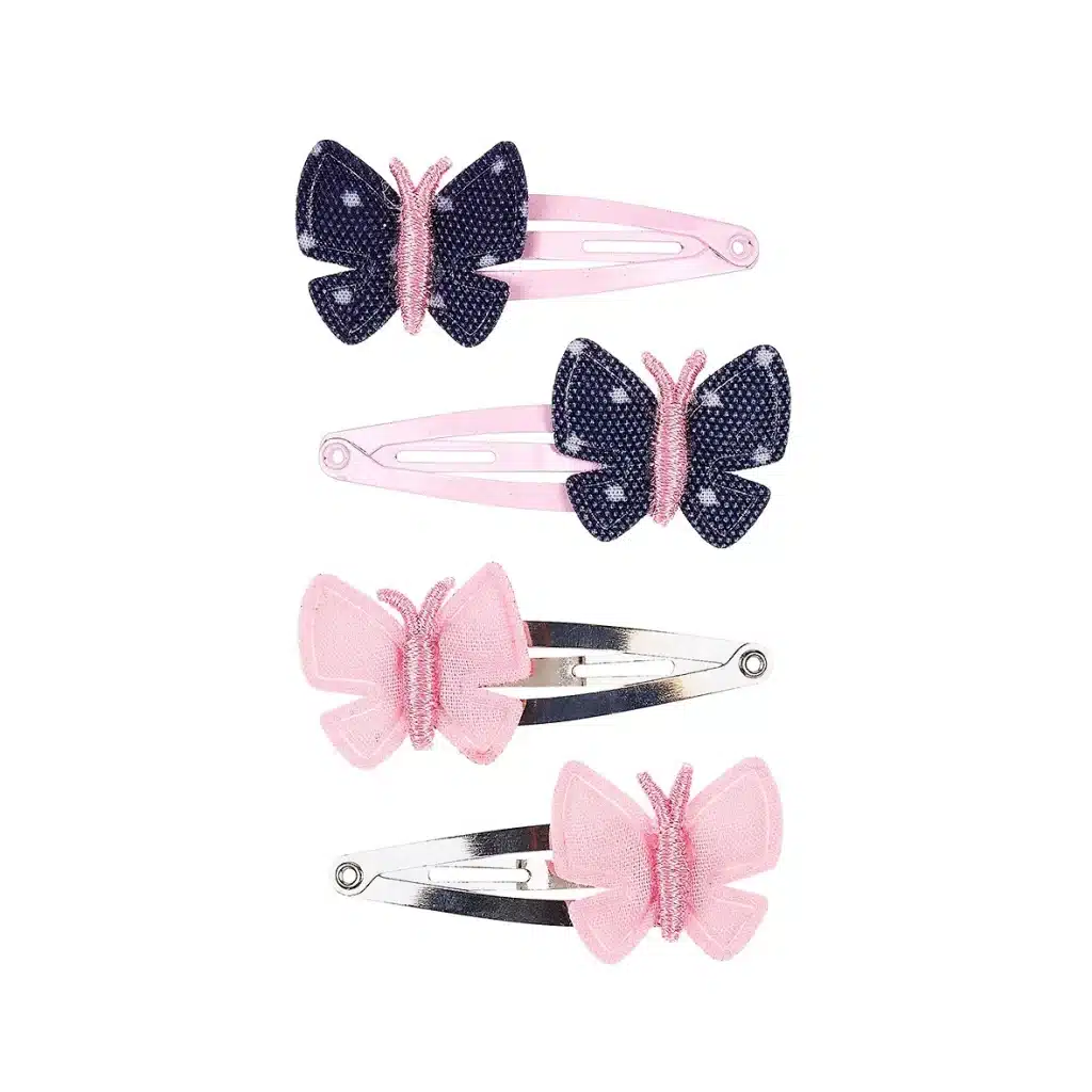 Vier vlinder haarclips van Souza! met twee donkerblauwe en twee roze vlinders op roze en zilverkleurige clips