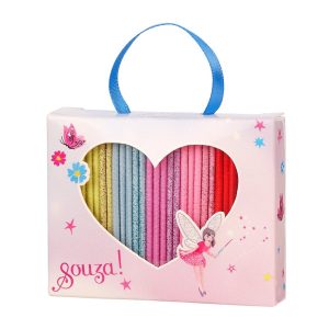 Roze cadeauverpakking van de Haarelastiek Cloe met 25 kleurrijke haarelastieken zichtbaar door een hartvormig venster.