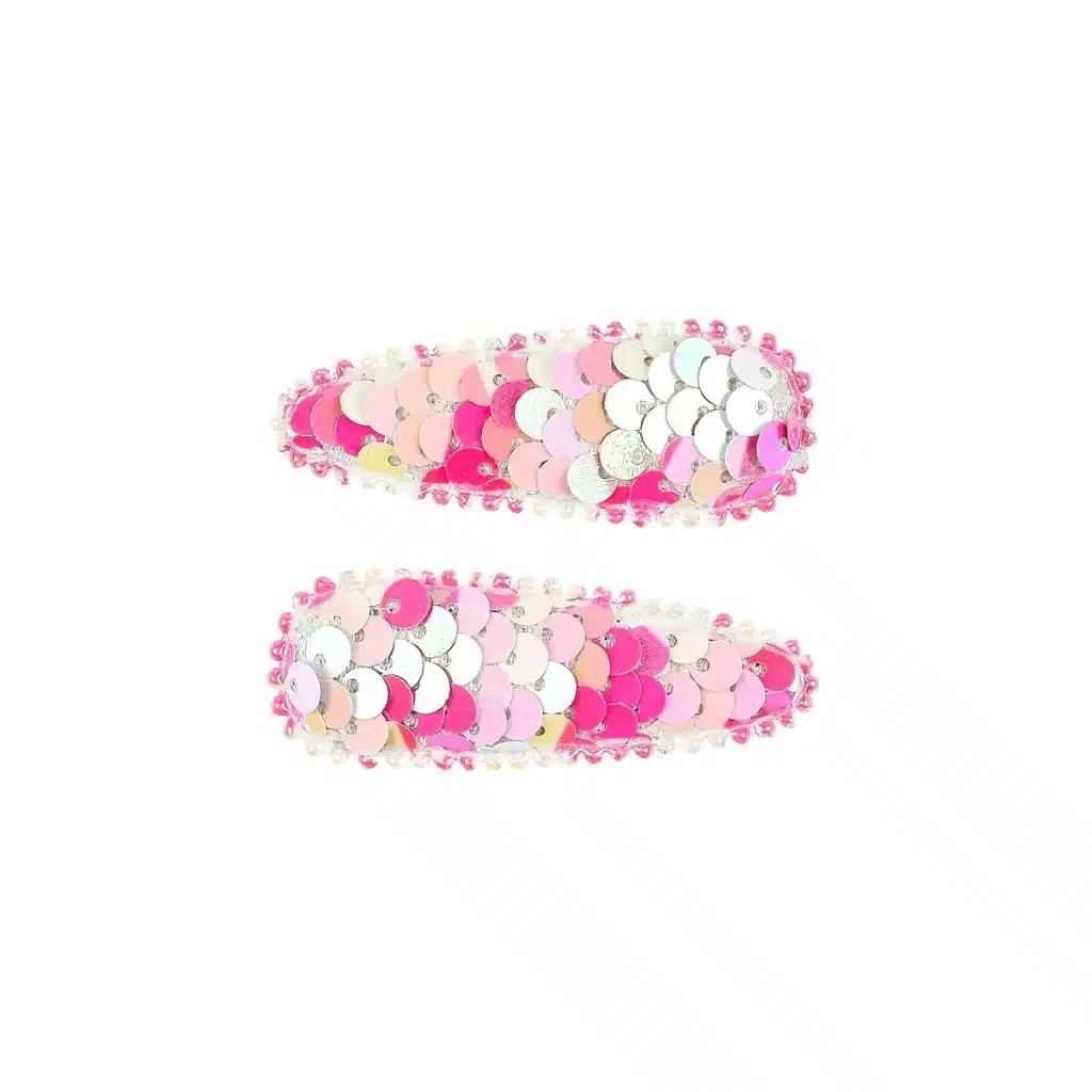 Twee roze haarclips Bowi van Souza! met glanzende pailletten, naast elkaar op een witte achtergrond