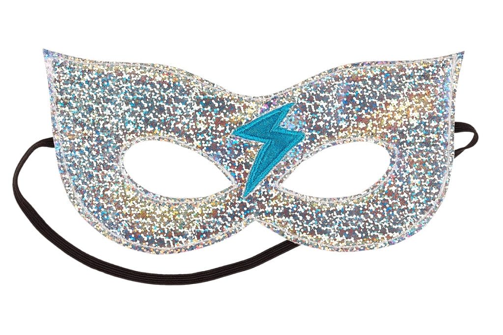 Zilveren Super hero Masker van Souza! met glitterafwerking en een blauwe bliksemschicht