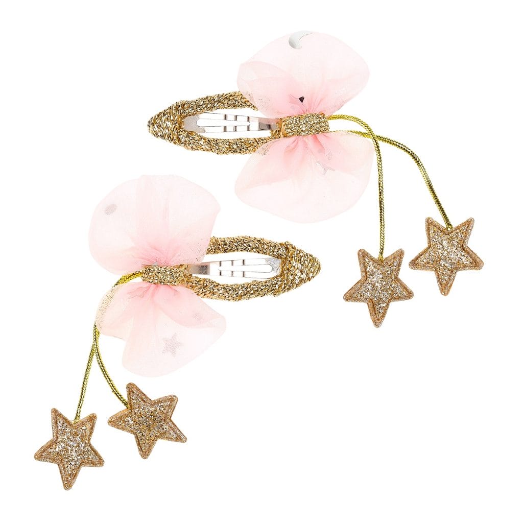 Twee roze haarclips Layna met gouden glitterranden, tule strikken en bungelende sterren van Souza!