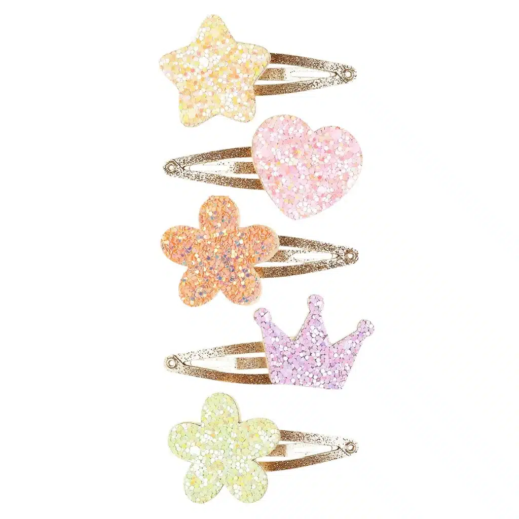 Set van vijf gouden haarclips van Souza! met glinsterende vormen: een ster, hart, bloem en kroon
