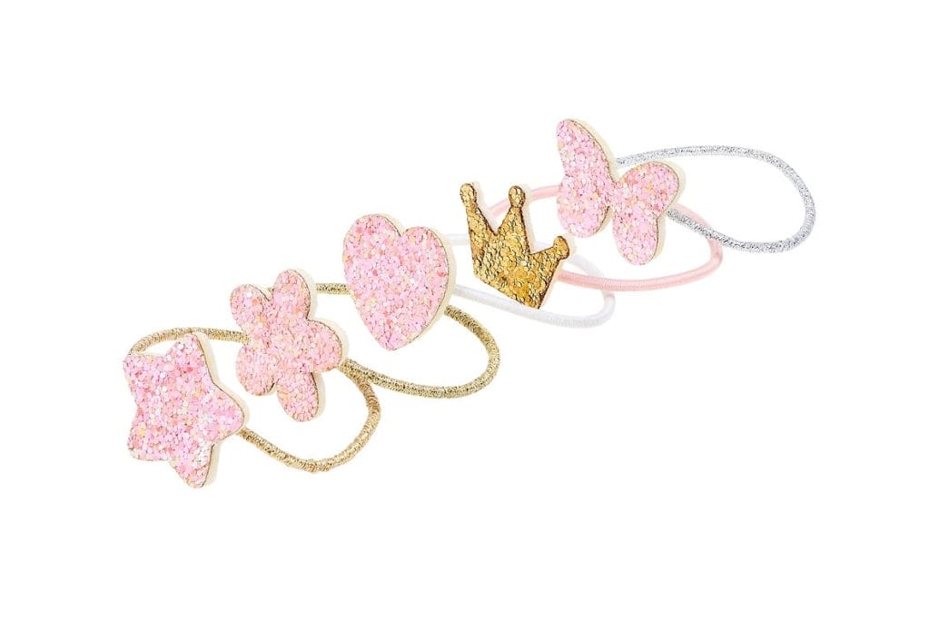 Vijf Souza haarelastieken met roze glitterfiguren en gouden kroontje, voor prinsessen accessoires